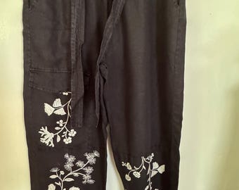 Johnny Was / Lael Wide-Leg Embroidered Black Linen Cargo Pants US Medium
