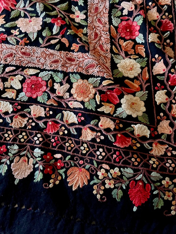 Large Black Kashmir Wool Shawl Floral Crewel Embr… - image 5