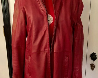 80's Vintage Brownstone Studio Red Leather Car Coat Sz Small Stunning Lining