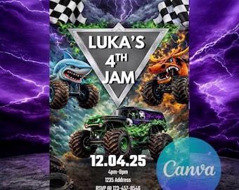 Invitación de cumpleaños editable con temática de Monster Truck / Invitación de fiesta imprimible (Descarga en Canva)