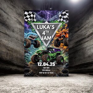 Puede incluir: Una invitaci&oacute;n de fiesta con monster trucks y el texto "Luka's 4th Jam". El dise&ntilde;o incluye un tibur&oacute;n, un drag&oacute;n y un monster truck verde, con un fondo de rel&aacute;mpagos y banderas a cuadros. La fecha y la hora tambi&eacute;n est&aacute;n incluidas.