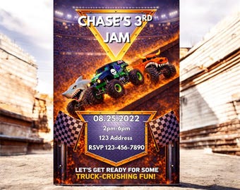 Invitación de cumpleaños de Monster Truck / Plantilla editable de Canva (descarga instantánea)
