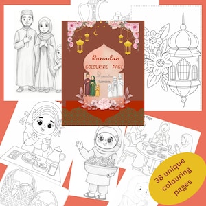 May include: A collection of Ramadan-themed coloring pages. The cover features the text "Ramadan Colouring Page" with illustrations of a family and lanterns. Other pages show line drawings of people, food, and lanterns, with the text "38 unique colouring pages".