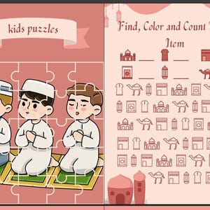 Puede incluir: Una página de rompecabezas y actividades para niños con un fondo rosa. El lado izquierdo muestra un rompecabezas con tres figuras de dibujos animados con túnicas y sombreros blancos. El lado derecho tiene una actividad de "Encuentra, colorea y cuenta" con imágenes relacionadas.