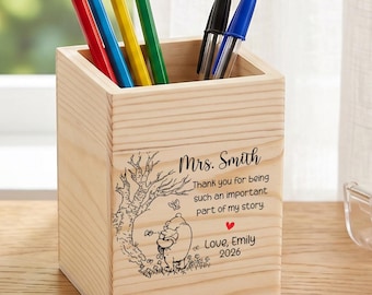 Gepersonaliseerde pennenhouder voor leraar, houten potloodbeker aangepaste naam, geschenk leraar waardering, bureau-organizer voor onderwijzer