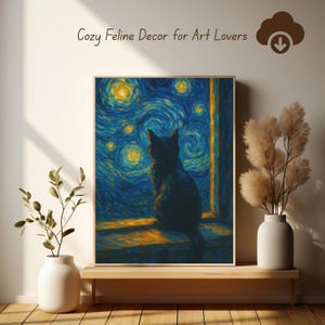 Starry Night Cat Art Print: Van Gogh Style Feline (Digital Download