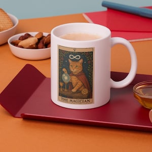 Caneca de Tarô Mágico com Gato | Presente de Arte Mística com Gato para Amantes de Tarô | Xícara de Café de Cerâmica para Rituais Mágicos | Ideia de Presente com Carta de Tarô Felina