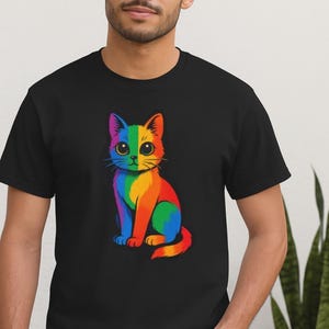 Rainbow Pride Cat T-Shirt: LGBTQ+ Art, Colorful Cat Lover Gift