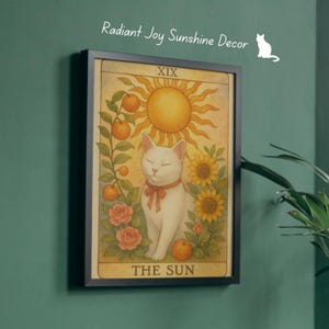 Cat Illustration | The Sun Tarot Cat Poster | Cheerful Cat Wall Art Gift | Witchy Mystic Cat | color Joy Sunshine Home Decor for Cat Lovers