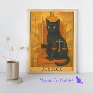 Cat Illustration | The Justice Tarot Cat Poster | Mystical Cat Wall Art | Witchy Black Cat Print | Balance Fairness & Truth Home Decor