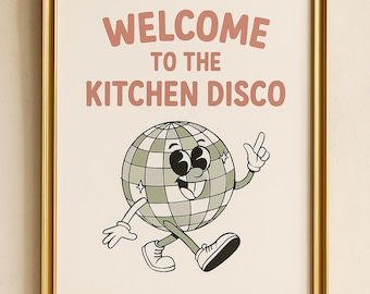 Decorazione murale da cucina con discoteca / Arte stampabile retrò / Stampa divertente con palla da discoteca danzante / Download digitale / Decorazioni divertenti per la cucina / Arte murale giocosa