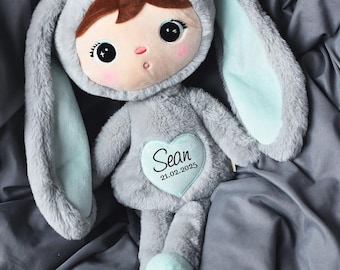 Personalized Gray Mint Bunny Plush – Metoo Doll, Custom Baby Gift