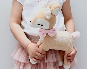 Personalized Plush Fawn – Deer Toy, Pink Bow, Woodland Nursery Decor