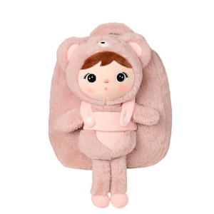 Metoo Backpack with Removable Pink Bear – 2-in-1 Plush Doll Bag – Soft Toddler Girl Gift – Bear Backpack Set