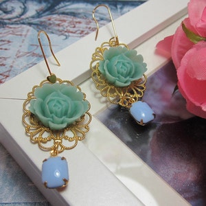 Mint Green Rose with opaque blue vintage glass jewel Earrings. Lovely Gift image 1