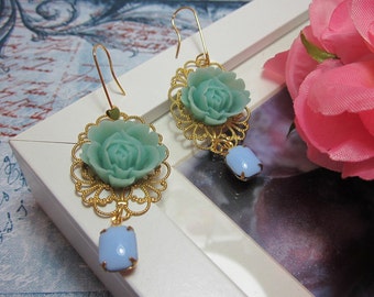 Mint Green Rose with opaque blue vintage glass jewel Earrings. Lovely Gift