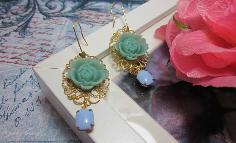 Mint Green Rose with opaque blue vintage glass jewel Earrings. Lovely Gift image 1