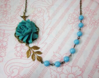 Turquoise Rose Necklace. Blue Theme. Gift for her. Anniversary, Birthday, Bridesmaids, Christmas, Maid of Honor.