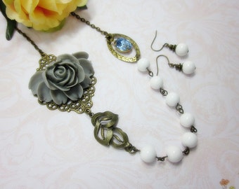 Grey Rose with white mother of pearls and sapphire glass jewel Necklace and Matching Earrings Set. Bridal Jewelry. Mother of the Bride.