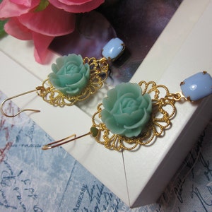 Mint Green Rose with opaque blue vintage glass jewel Earrings. Lovely Gift image 4