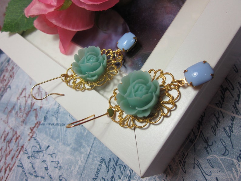 Mint Green Rose with opaque blue vintage glass jewel Earrings. Lovely Gift image 4