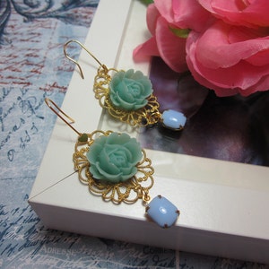 Mint Green Rose with opaque blue vintage glass jewel Earrings. Lovely Gift image 2