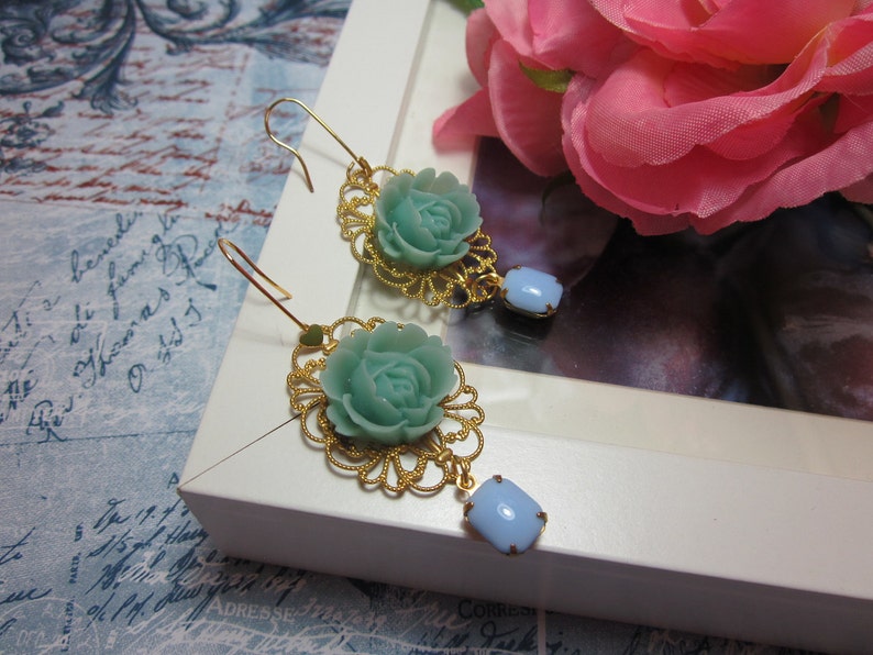 Mint Green Rose with opaque blue vintage glass jewel Earrings. Lovely Gift image 2