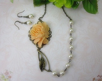 Peach Rose Necklace and Matching Earrings Gift Set. Romantic Floral Garden Wedding. Bridesmaids Jewelry.