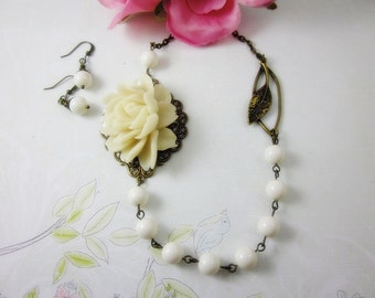 Ivory Roses with ivory swarovski pearls necklace and matching earrings set. Wedding.  Bridal Jewelry.