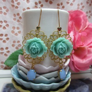 Mint Green Rose with opaque blue vintage glass jewel Earrings. Lovely Gift image 3