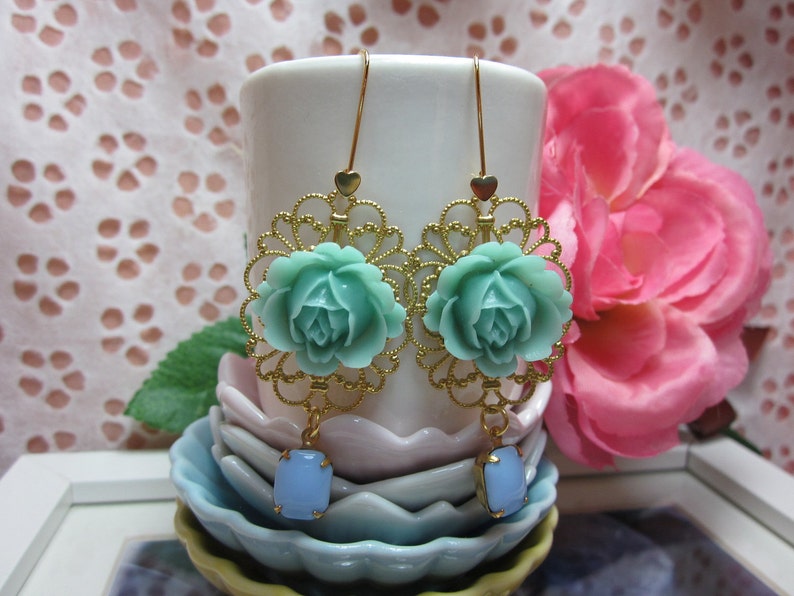 Mint Green Rose with opaque blue vintage glass jewel Earrings. Lovely Gift image 3
