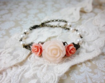 Pale Peach and Pink Roses with cream swarovski pearls Bracelet. Wedding. Bridesmaid Gifts.