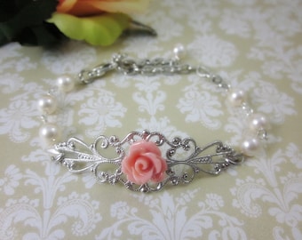 Salmon Pink Rose Bracelet. Silver Tone. Gift for her. Bridal Jewelry. Bridesmaid Gifts.