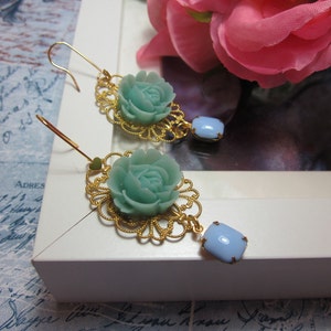 Mint Green Rose with opaque blue vintage glass jewel Earrings. Lovely Gift image 5