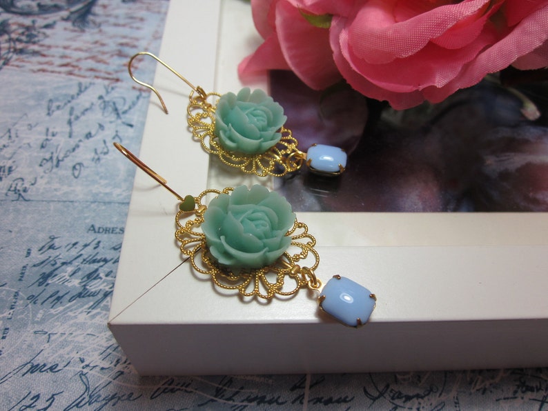 Mint Green Rose with opaque blue vintage glass jewel Earrings. Lovely Gift image 5