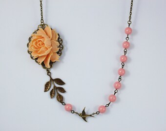 Peach Rose Necklace. Gift for her. Anniversary, Birthday, Bridesmaids, Christmas, Maid of Honor.