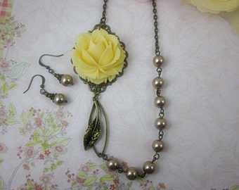 Yellow Rose Necklace and Matching Earrings Set. Gift for her. Bridal Jewelry.