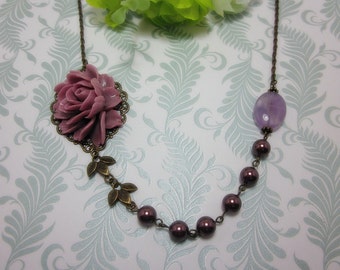 Purple Rose with purple swarovski pearls and amethyst bead Necklace. Gift for her.  Anniversary, Birthday, Maid of Honor.