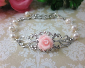 Petite Pink Rose Bracelets.  Silver Tone. Bridal Jewelry. Bridesmaid Gifts.