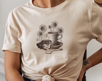 Frog Sunflower Pastel Cottage Core T-Shirt, Vintage Illustration, Fairycore Goblincore, Light Academia Dark Academia Shirt