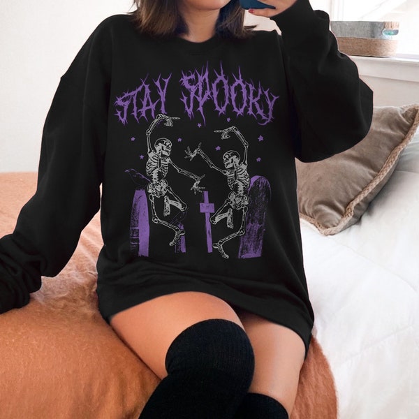 Stay Spooky Dancing Skeleton Metal Halloween Sweater Mall Goth Fall Sweatshirt Alt Clothes Grunge Fall Aesthetic Purple Spooky Season