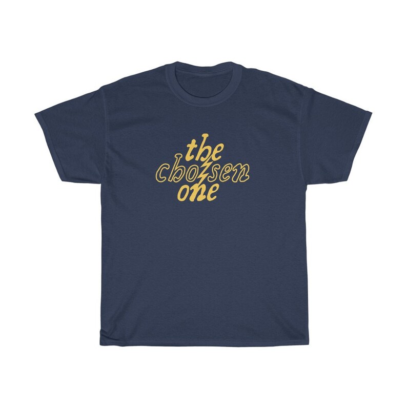 May include: A navy blue t-shirt with the text "the chosen one" in yellow.