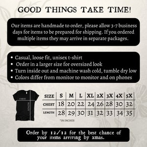 May include: A size chart for a unisex t-shirt with measurements in inches for chest and length. The chart shows sizes from small to 5X. The text "GOOD THINGS TAKE TIME!" is at the top of the image. The text "Order by 12/12 for the best chance of your items arriving by xmas." is at the bottom of the image.