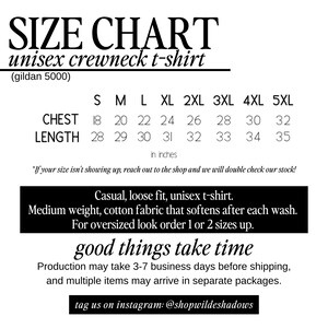 May include: Size chart for a unisex crewneck t-shirt made by Gildan. The chart shows chest and length measurements in inches for sizes S through 5XL.
