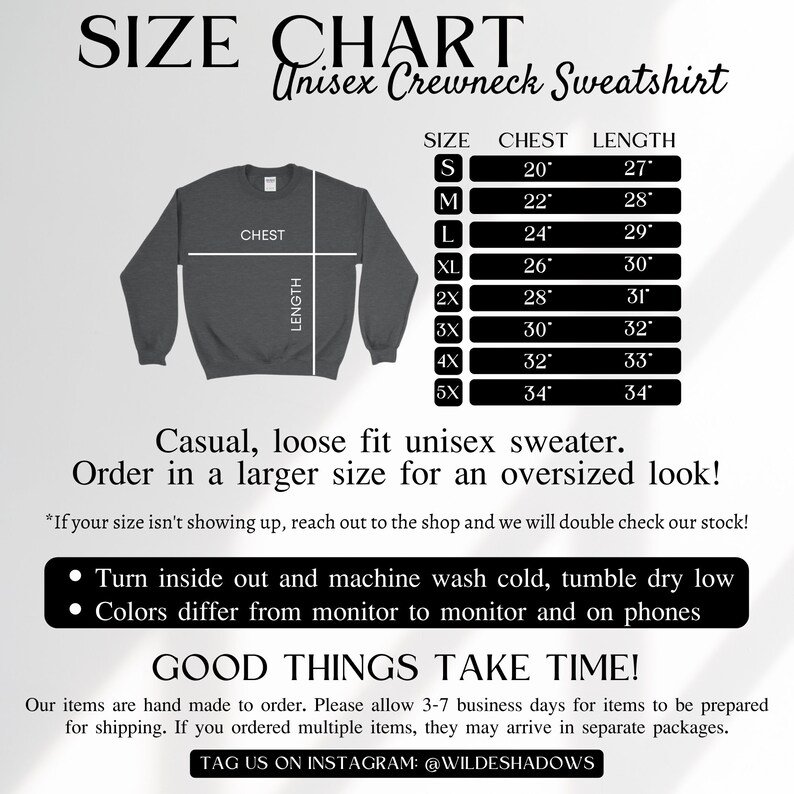 Puede incluir: Tabla de tallas para una sudadera unisex. La tabla muestra las medidas de pecho y largo en pulgadas para las tallas S a 5X. La imagen tambi&eacute;n incluye instrucciones de cuidado y una nota sobre las variaciones de color.