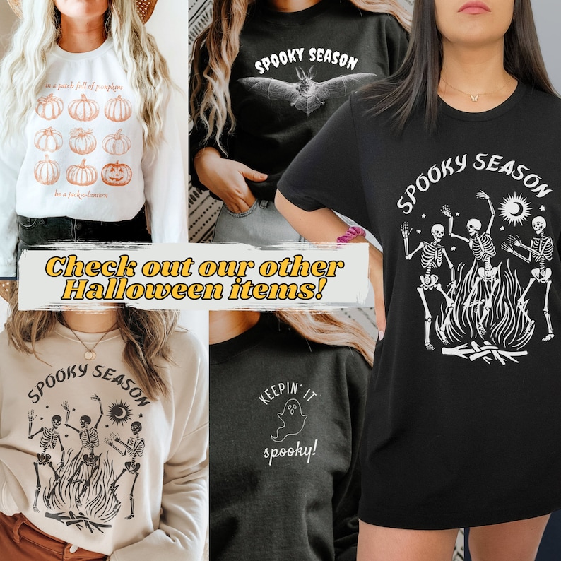 May include: A selection of Halloween-themed tops, including a white long-sleeved shirt with pumpkin illustrations and the text "be a patch full of pumpkins", and black and beige shirts with spooky graphics and text. The image also includes the text "Check out our other Halloween items!"
