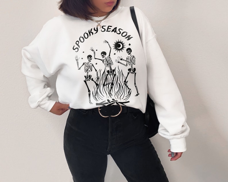 Dancing Skeleton Spooky Season Halloween Crewneck Skeleton Sweatshirt Skeleton Sweater Halloween Sweater Fall Sweatshirt Spooky Sweater White