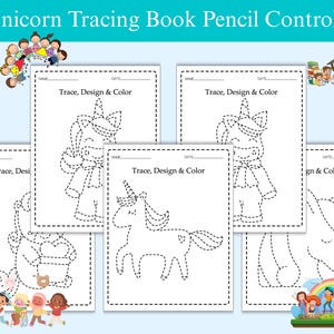 Könnte beinhalten: Eine Reihe von Einhorn-Malbüchern mit dem Text "Unicorn Tracing Book Pencil Control". Jede Seite zeigt ein gepunktetes Einhorn-Design zum Nachzeichnen, mit Aufforderungen zum Gestalten und Ausmalen. Enthält Illustrationen von Kindern und Regenbogen.