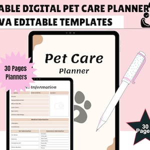 Könnte beinhalten: Eine digitale Vorlage für einen Haustierpflegeplaner mit dem Text "Pet Care Planner" auf einem Tablet-Bildschirm. Das Bild enthält einen Stift, einen Pfotenabdruck und den Text "30 Pages Planners". Der Hintergrund ist hellrosa.