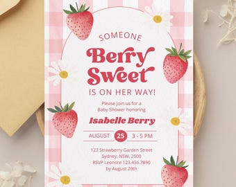Editable Berry Sweet Baby Shower Invitation Bundle, Red Strawberry Baby Shower Invite, Daisy Berry Sweet Baby Shower Invitation, BBS1038